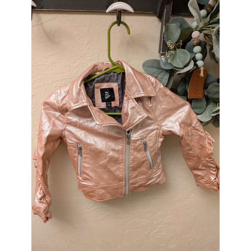 Art Class Girls Rose Gold Metallic Moto Jacket Faux Leather Ruffle Sleeve XS 4/5
